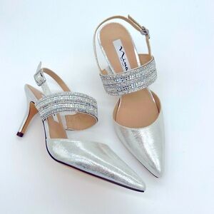 Stunning! NINA Silver Rhinestone Slingback Pointed Toe Heel Sandals 6 NWT